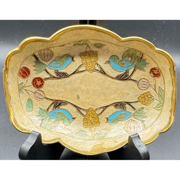 Vintage Handcrafted Brass Trinket Dish Enameled Birds & Fruits 6.75"L x 5" W - Picture 2 of 4